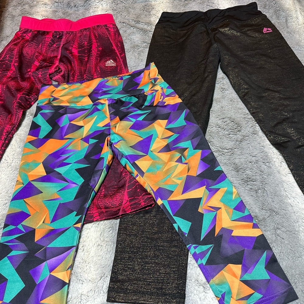 3 pair girls leggings capris NIKE ADIDAS REEBOK 12 14 gold purple/orange Jordan